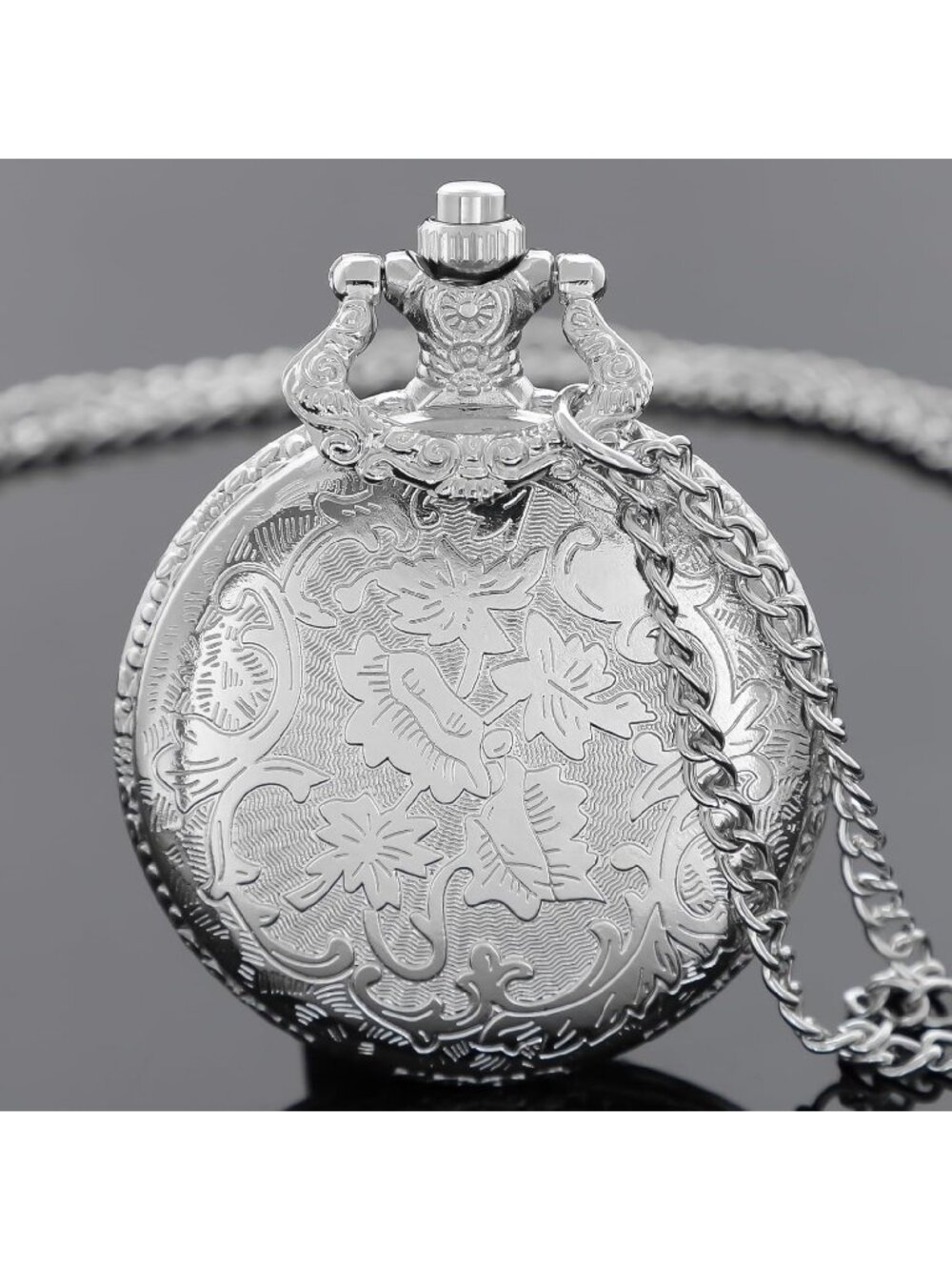 Men's Silver Analog Quartz Arabic Numerals Engraved Skull Vintage Pocket Watch - Picture 6 of 7